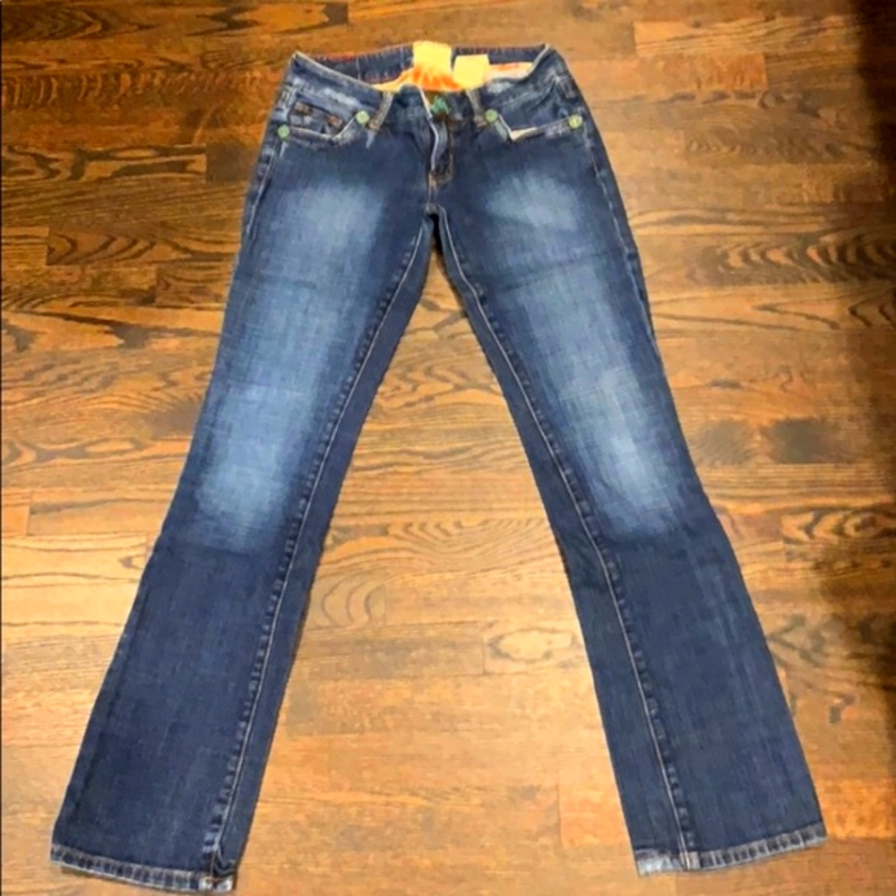 Y2K MARLOW TURQUOISE DETAILED BUTTON SNAP  DISTRESSED BOOT CUT JEANS SIZE 29